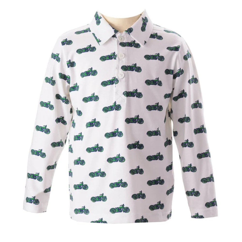 Rachel Riley London Motorbike Motorcycle Print Long Sleeve Polo Shirt Sz 8 or 10